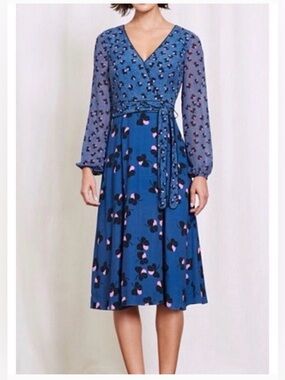 EUC 14L Boden Blue and Pink Long Sleeve Dress Sheer Sleeves Faux Wrap